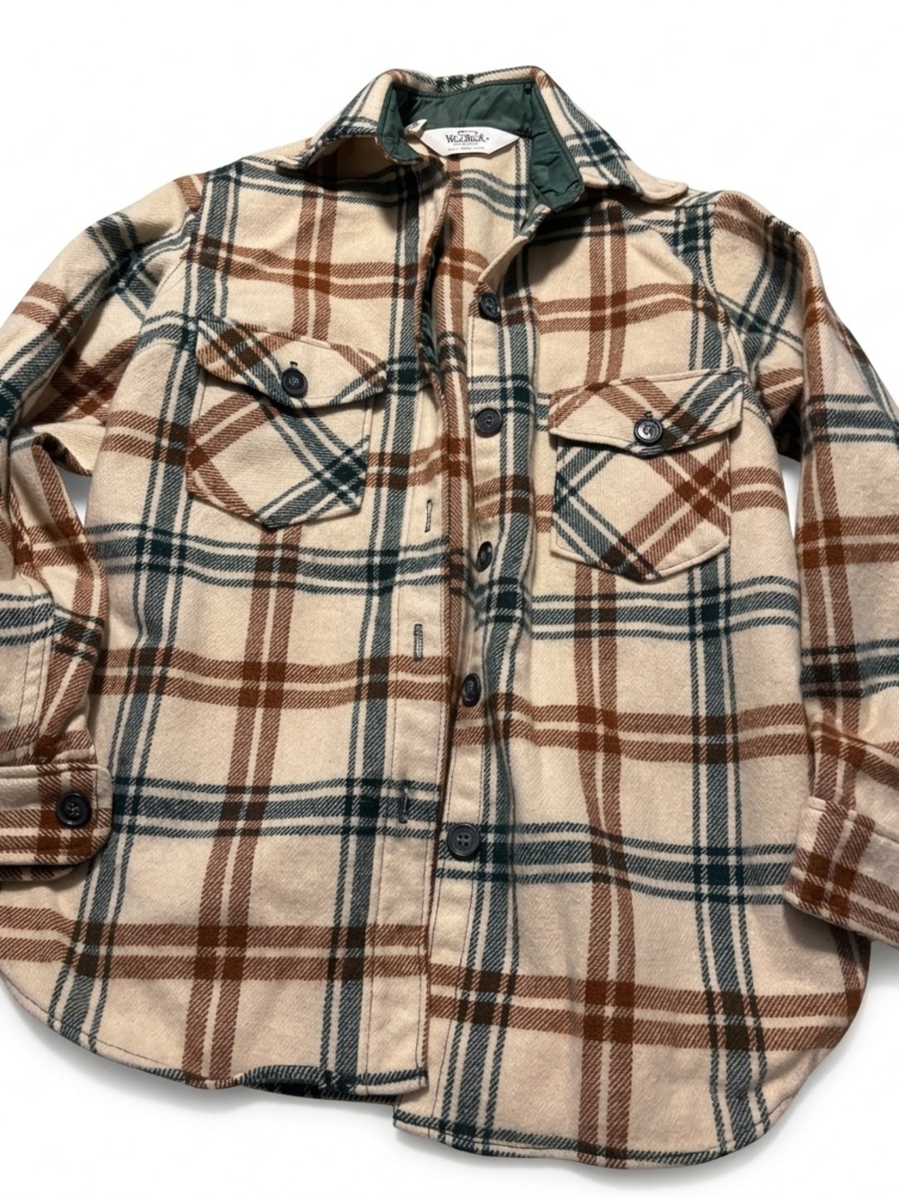Woolrich Cream Plaid Button-Down Shirt with Brown and Green Checks
